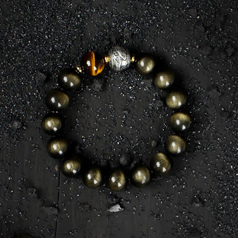Buddha Stones per sperimentare un'inversione della fortuna Braccialetto di protezione in ossidiana arcobaleno e oro lucido