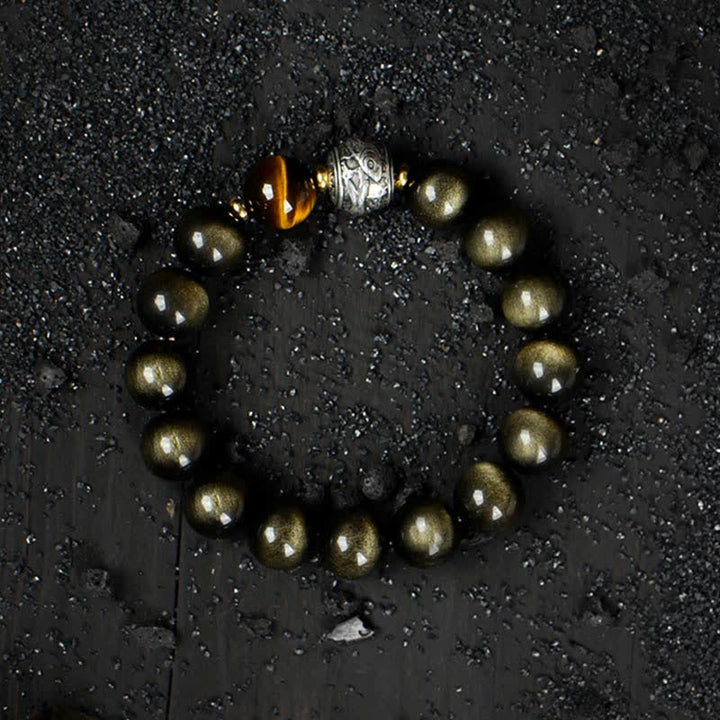 Buddha Stones per sperimentare un'inversione della fortuna Braccialetto di protezione in ossidiana arcobaleno e oro lucido