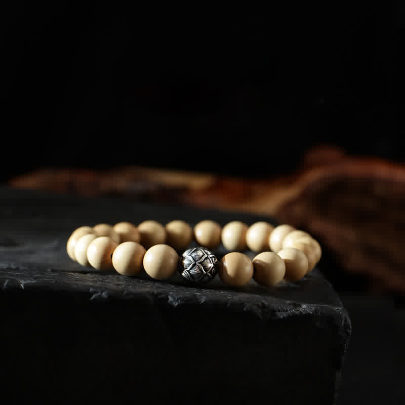 Bracciale di ricchezza e fortuna di legno di pesca del Tibet, loto, cinabro, Bagua Yin Yang