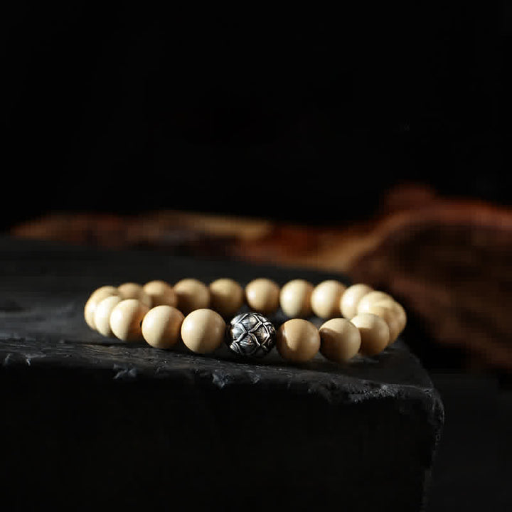 Bracciale di ricchezza e fortuna di legno di pesca del Tibet, loto, cinabro, Bagua Yin Yang