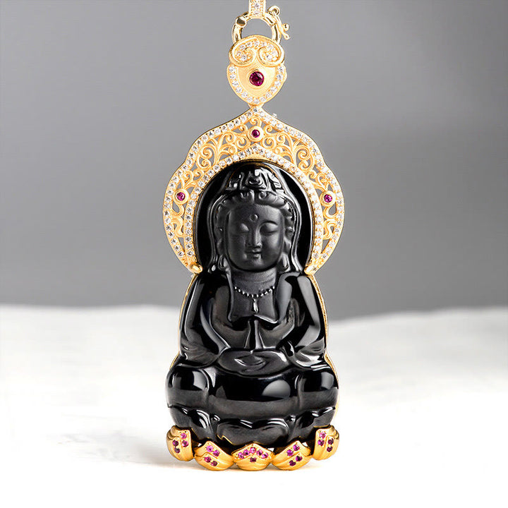 Buddha Stones 925 Sterling Silver Natural Black Jade Kwan Yin Avalokitesvara Collana con ciondolo Wealth - Giada nera (Protezione ♥ Calma) - image 1
