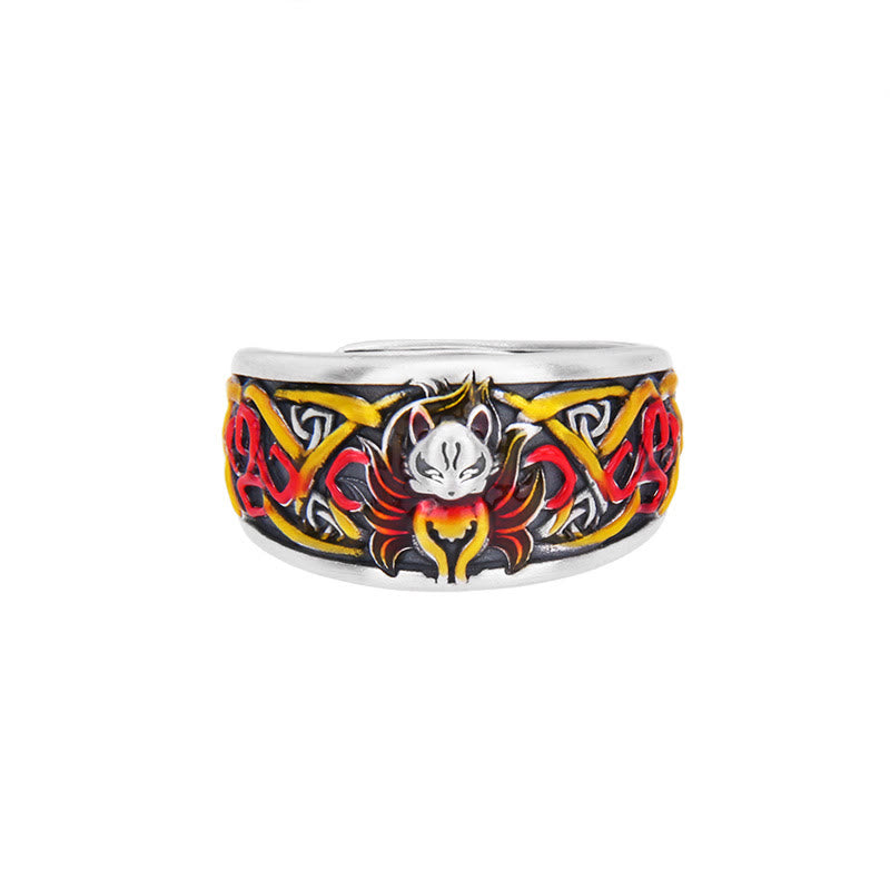 Anello di protezione del successo della volpe a nove code in argento sterling 999 Buddha Stones