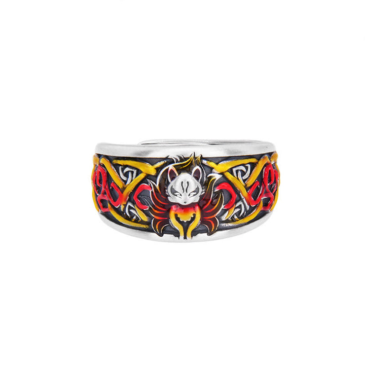 Anello di protezione del successo della volpe a nove code in argento sterling 999 Buddha Stones