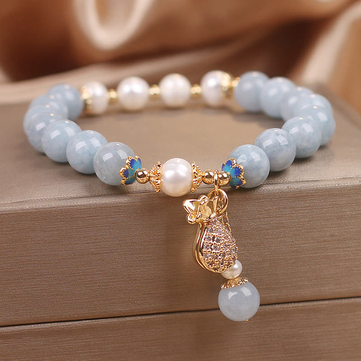 Braccialetto con ciondolo Buddha Stones Aquamarine Pearl Fortune Money Bag