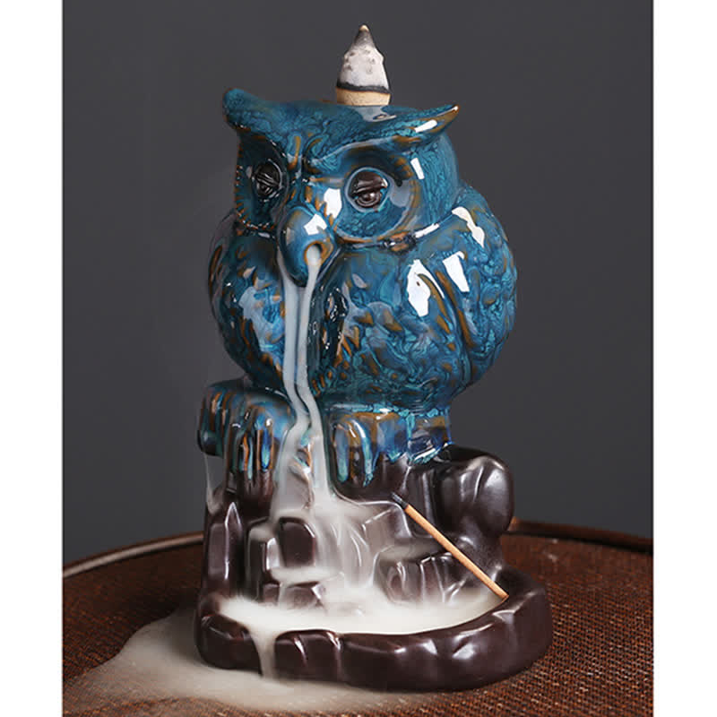 Buddha Stones Gufo carino Fontana di fumo a riflusso in ceramica Bruciatore di incenso Decorazione per meditazione