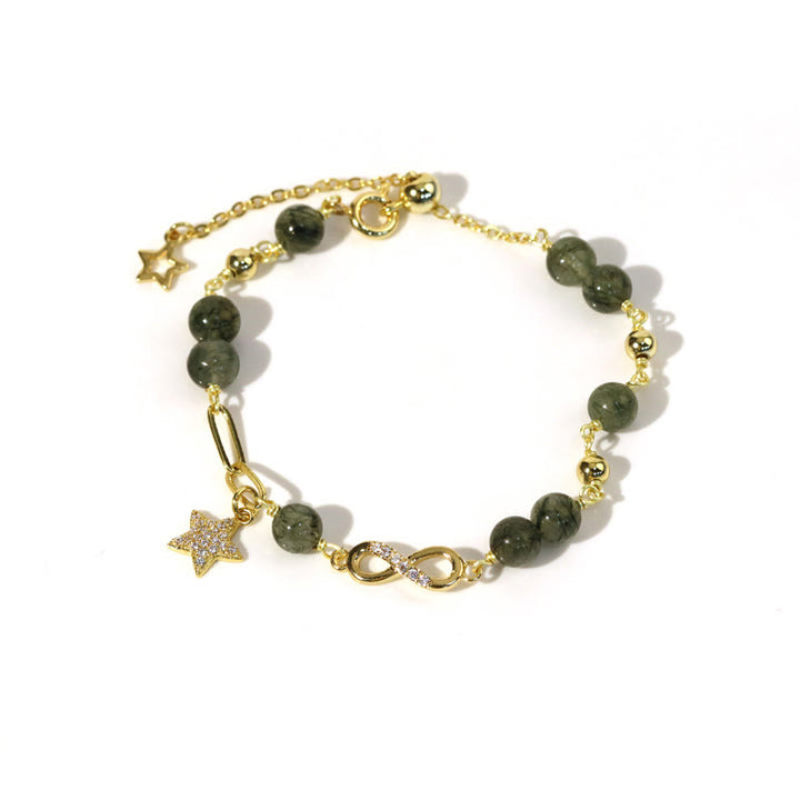 Bracciale Buddha Stones in oro 14K con quarzo rutilato verde e anello Möbius, protezione della stella dell'amore eterno