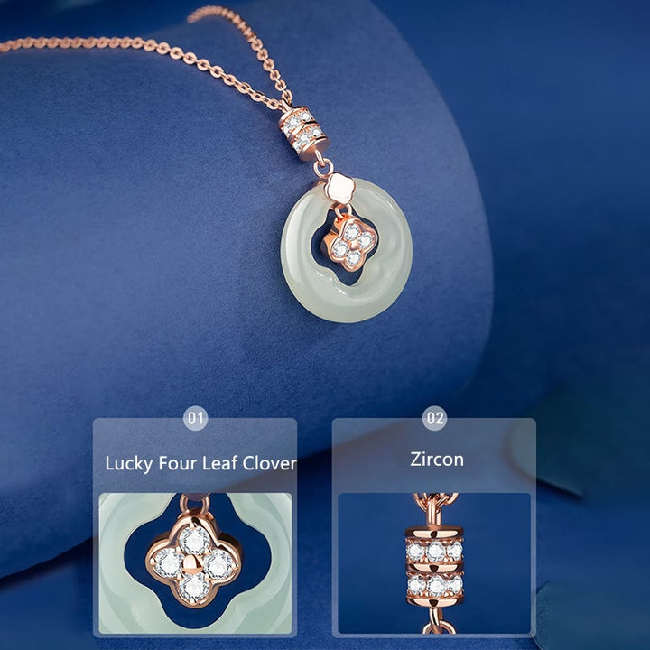Buddha Stones 925 Sterling Silver Hetian Jade naturale Lucky Four Leaf Clover Zircone Collana pendente con scatola regalo