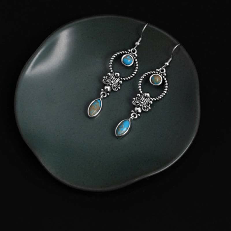 Orecchini pendenti a goccia con motivo a goccia turchese vintage in argento sterling 925 Buddha Stones