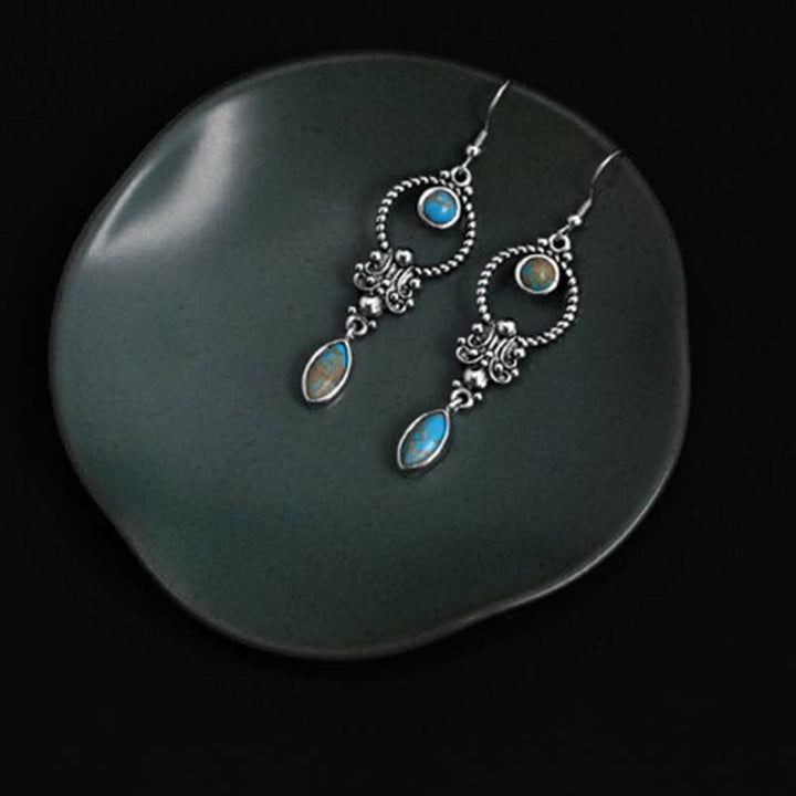 Orecchini pendenti a goccia con motivo a goccia turchese vintage in argento sterling 925 Buddha Stones