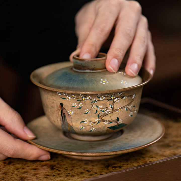 Buddha Stones Jingdezhen dipinte a mano Ru Kiln porcellana Hanfu ragazza fiore ceramica Gaiwan Sancai tazza da tè Kung Fu tazza da tè e piattino con coperchio