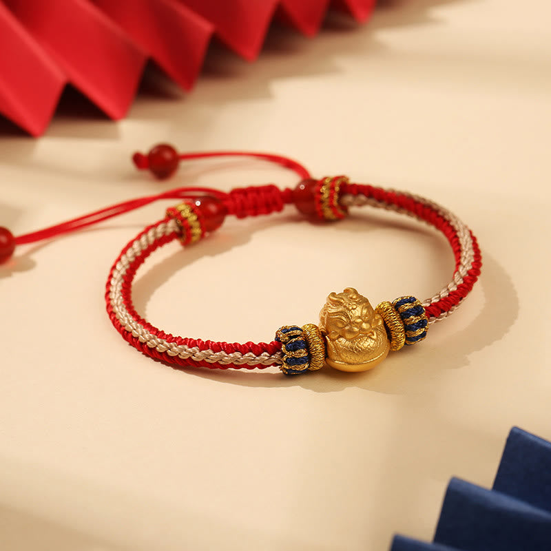 Braccialetto intrecciato fatto a mano in argento Buddha Stones 925 con drago bambino, fortuna e forza