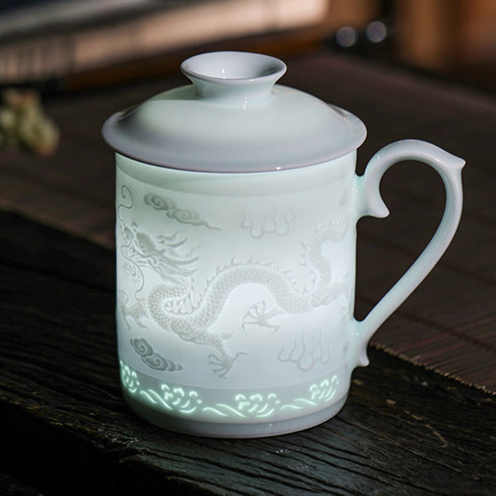 Buddha Stones Jingdezhen Linglong Porcellana Drago di Buon Auspicio Barca Fenice Navigazione Liscia Tazza da Tè in Ceramica Tazze da Tè da Ufficio 420ml