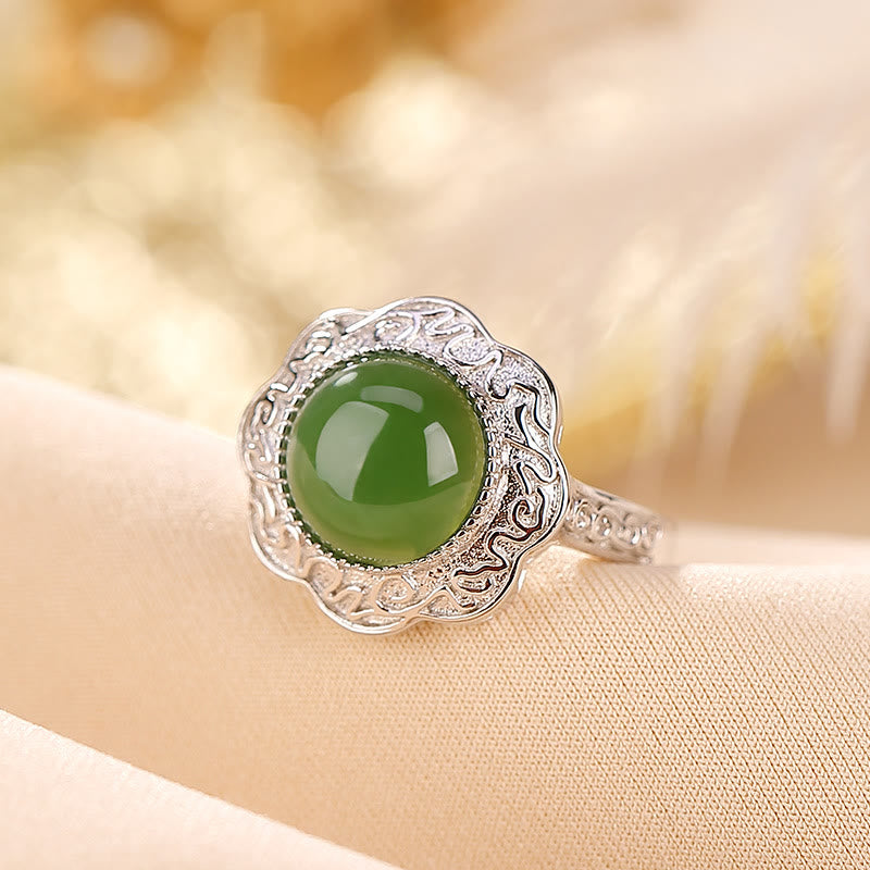 Anello regolabile con design a forma di fiore in giada ciano Hetian in argento sterling 925 Buddha Stones