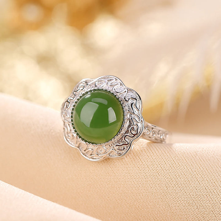 Anello regolabile con design a forma di fiore in giada ciano Hetian in argento sterling 925 Buddha Stones