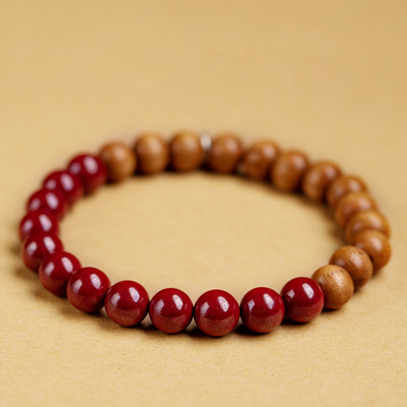 Bracciale Buddha Stones in argento sterling 925, legno di pesca, cinabro, allontana gli spiriti maligni