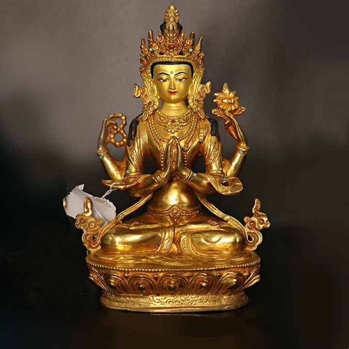 Bodhisattva Tara Chenrezig Avalokitesvara a quattro braccia Protezione Statua placcata in oro e rame Decorazione