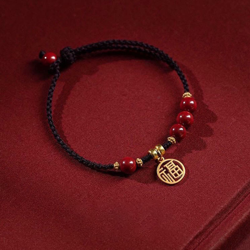 Braccialetto con corda intrecciata con Buddha Stones, perline di cinabro e carattere Fu