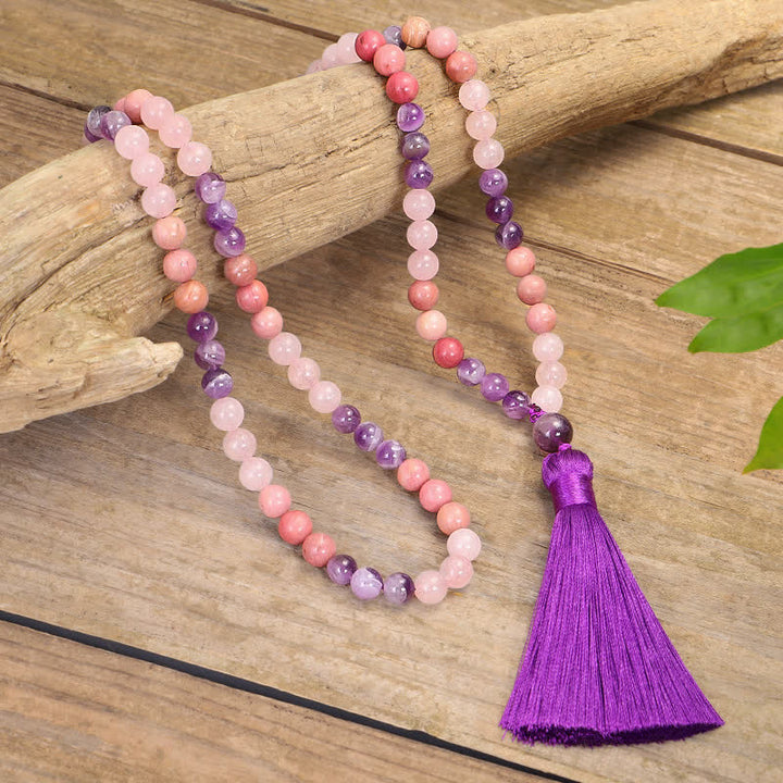 Buddha Stones 108 Mala Beads Ametista Quarzo Rosa Braccialetto con Nappa di Guarigione Spirituale