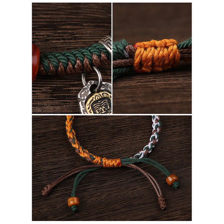 Bracciale intrecciato con protezione in osso di cammello , Buddha Stones 925, con dea della ricchezza, Zakiram