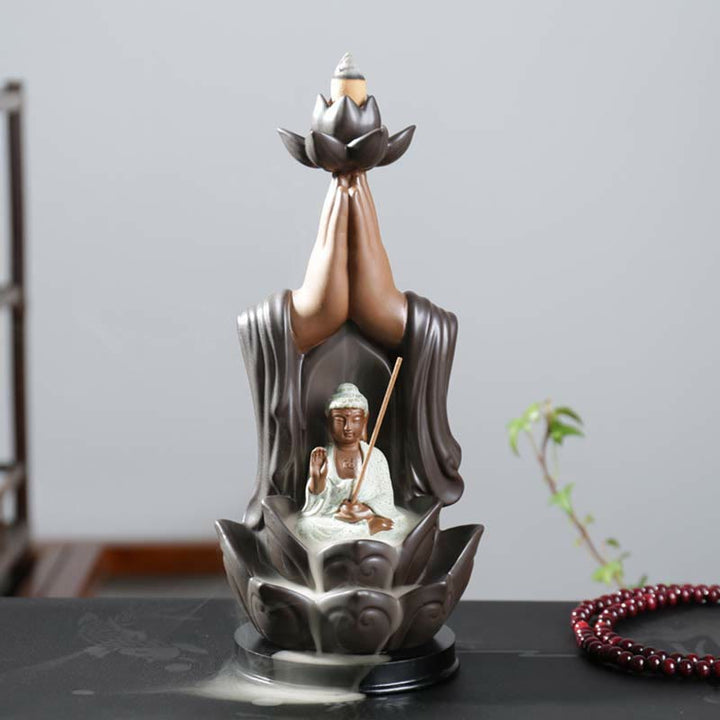 Buddha Avalokitesvara Chenrezig Ksitigarbha Ceramica Loto Benedizione Bruciatore di Incenso a Flusso Inverso