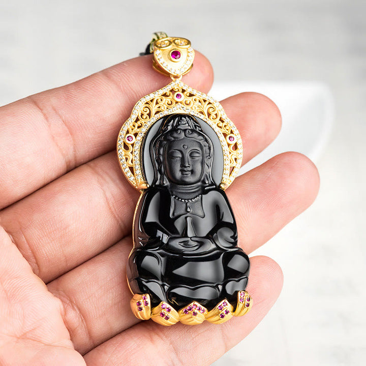 Collana con ciondolo in acciaio al titanio Buddha Stones in giada nera naturale Kwan Yin Avalokitesvara Wealth - image 2