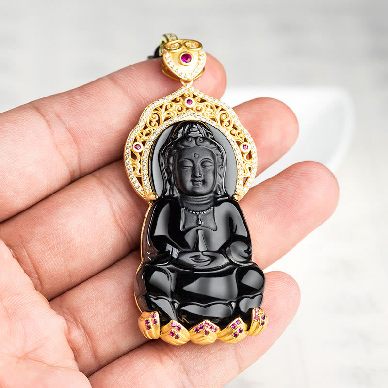 Buddha Stones 925 Sterling Silver Natural Black Jade Kwan Yin Avalokitesvara Collana con ciondolo Wealth - image 3