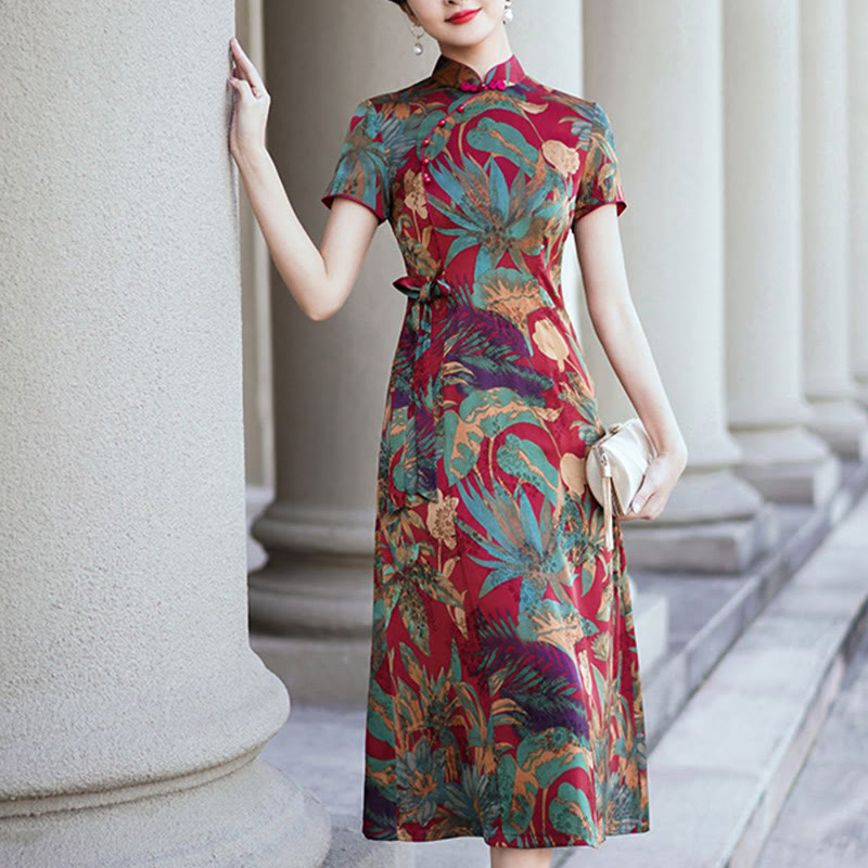 Abito Buddha Stones in seta Qipao con motivo a foglie e fiori retrò, abito cheongsam da donna - image 10