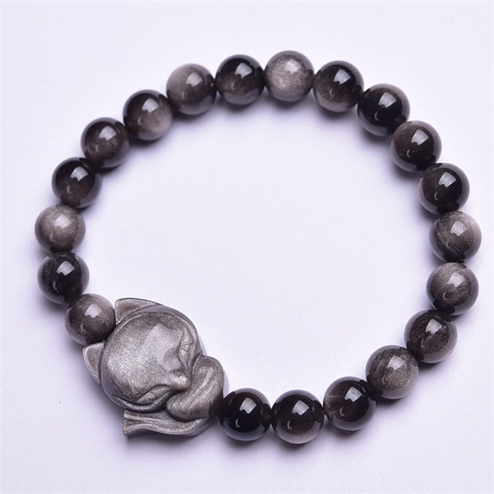 Braccialetto di protezione in ossidiana naturale con Buddha Stones argento lucido