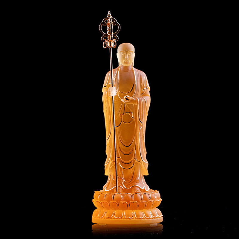 Buddha Stones fatte a mano Ksitigarbha Bodhisattva Figurina Liuli Cristallo Pezzo d'arte Statua della serenità Decorazione per la casa