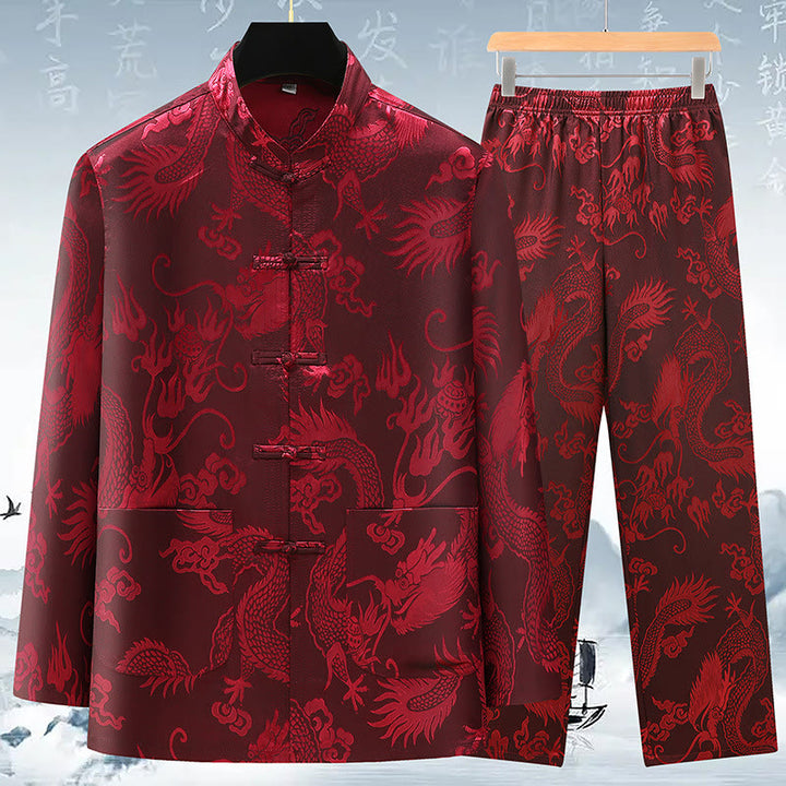 Buddha Stones Tang Suit Uomo Hanfu Cinese Drago Tradizionale Vestiti Kung Fu Camicia Uniforme Manica Lunga Cappotto Top e Pantaloni Abbigliamento Uomo Set - Rosso vino - US/UK/AU42, EU52 (3XL) - image 14