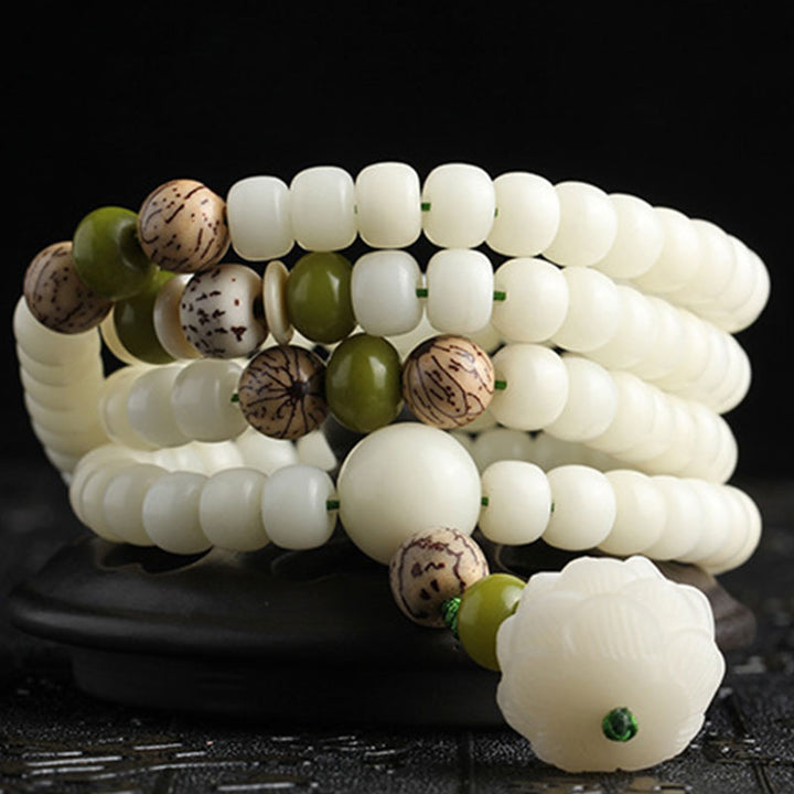 Collana con bracciale in giada bianca Bodhi Lotus Mala Harmony Buddha Stones