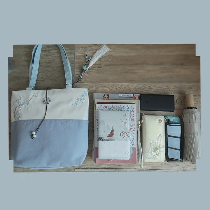 Borsa a tracolla grande capacità in tela con ricamo in bambù, prugna, fiore di pera, pesco - image 15