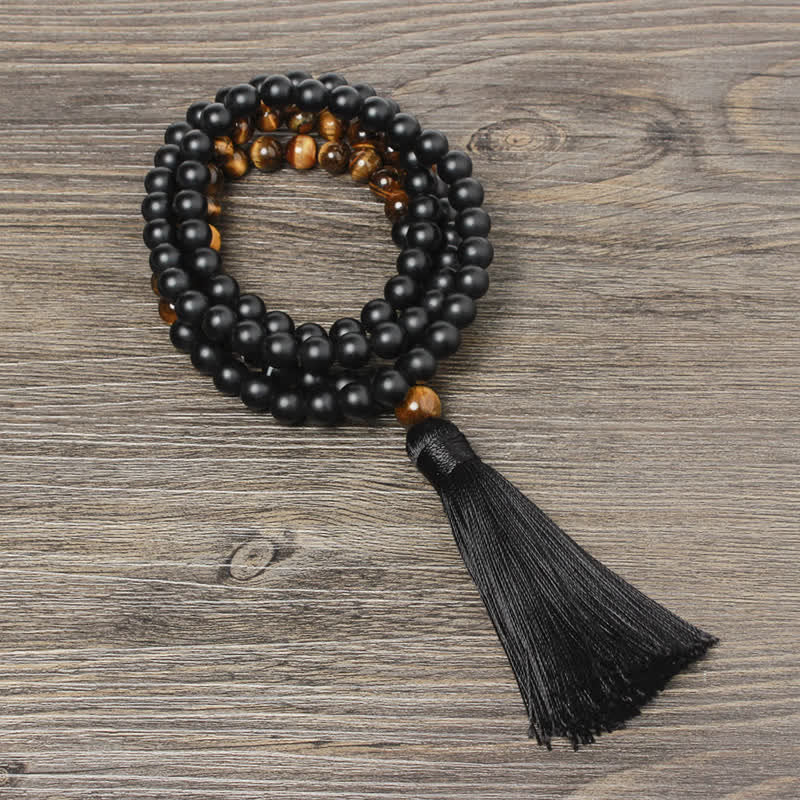 Buddha Stones Onice Nero Occhio di Tigre Braccialetto della Fortuna Collana con Nappa Pendente
