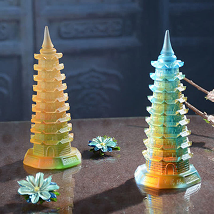 Torre di Wenchang Feng Shui fatta a mano in cristallo Liuli Pagoda Pezzo d'arte Fortuna Decorazione per ufficio in casa