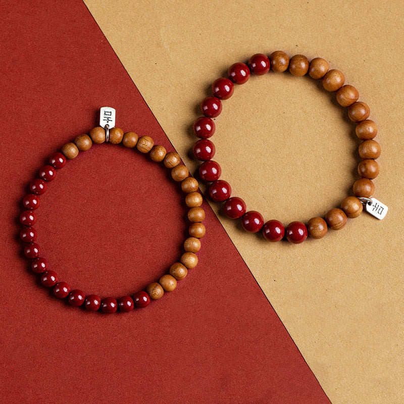 Bracciale Buddha Stones in argento sterling 925, legno di pesca, cinabro, allontana gli spiriti maligni