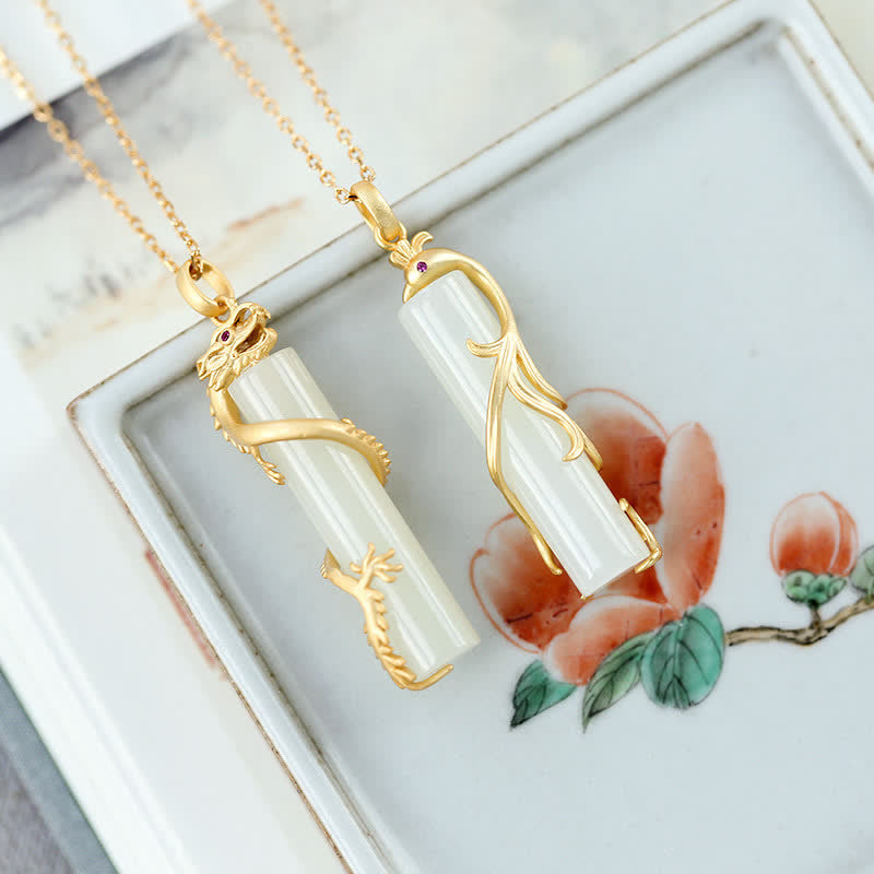 Collana con ciondolo di protezione in rame con drago e fenice in giada Buddha Stones - image 2