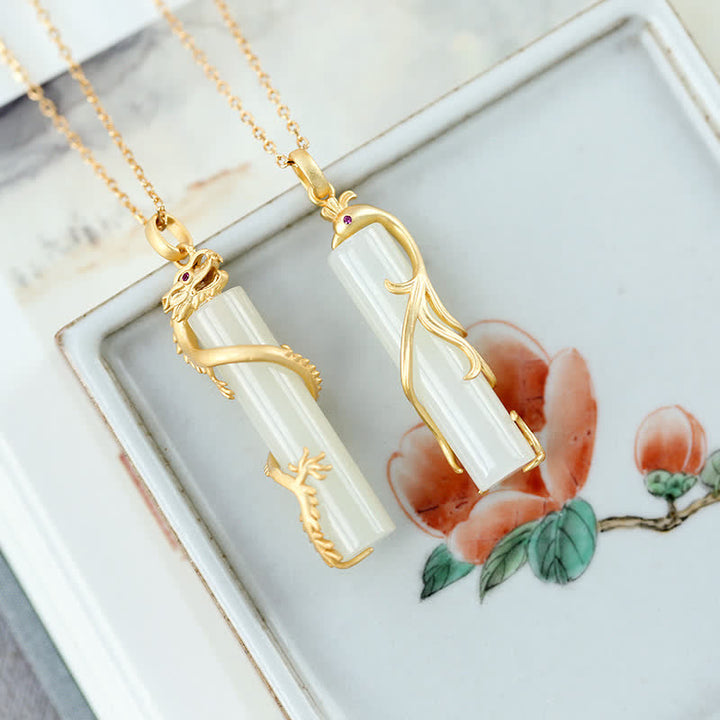 Collana con ciondolo di protezione in rame con drago e fenice in giada Buddha Stones - image 2