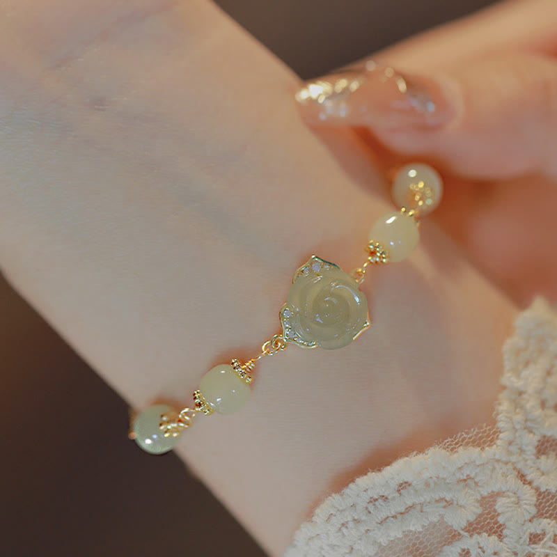 Bracciale con catena portafortuna in giada Hetian placcata in oro 14K con fiore rosa Buddha Stones