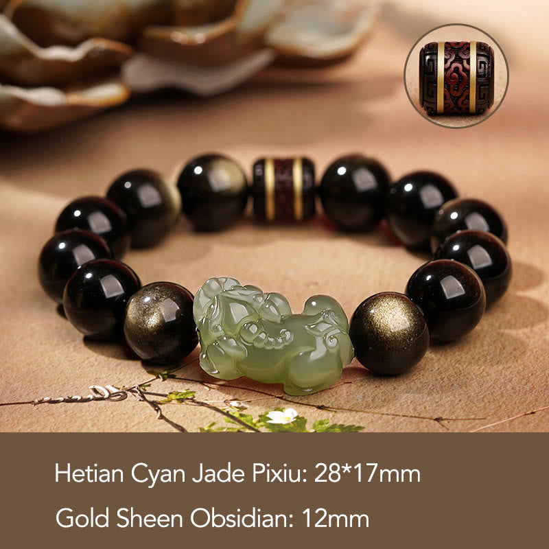 Buddha Stones Oro Naturale Lucentezza Ossidiana Giada Ciano Hetian Giada Bianca Bracciale PiXiu Ricchezza