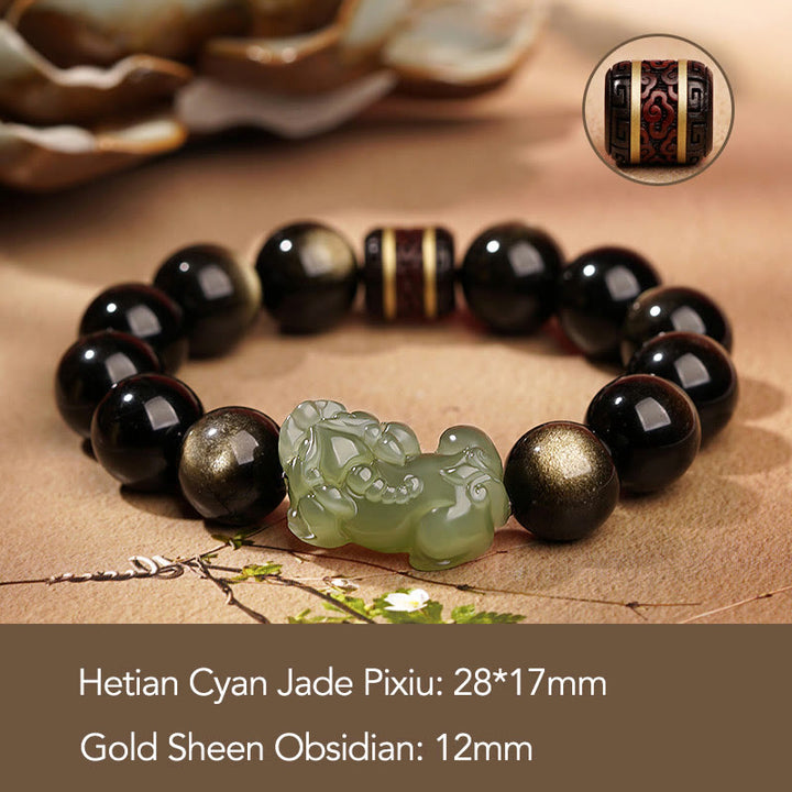 Buddha Stones Oro Naturale Lucentezza Ossidiana Giada Ciano Hetian Giada Bianca Bracciale PiXiu Ricchezza