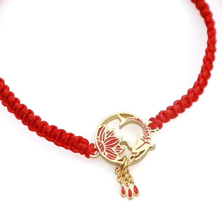 Braccialetto portafortuna rosso con corda, fatto a mano in Buddha Stones, tibetano, con pesce di loto e carpa koi