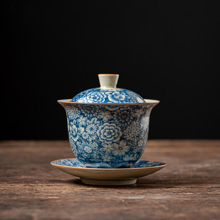 Buddha Stones Vintage Blu e Bianco Porcellana Fiore di Pesco Loto Peonia Ceramica Gaiwan Sancai Tazza da Tè Kung Fu Tazza da Tè e Piattino con Coperchio - 9 cm * 9,7 cm * 150 ml (Piattino 11 cm) - image 14