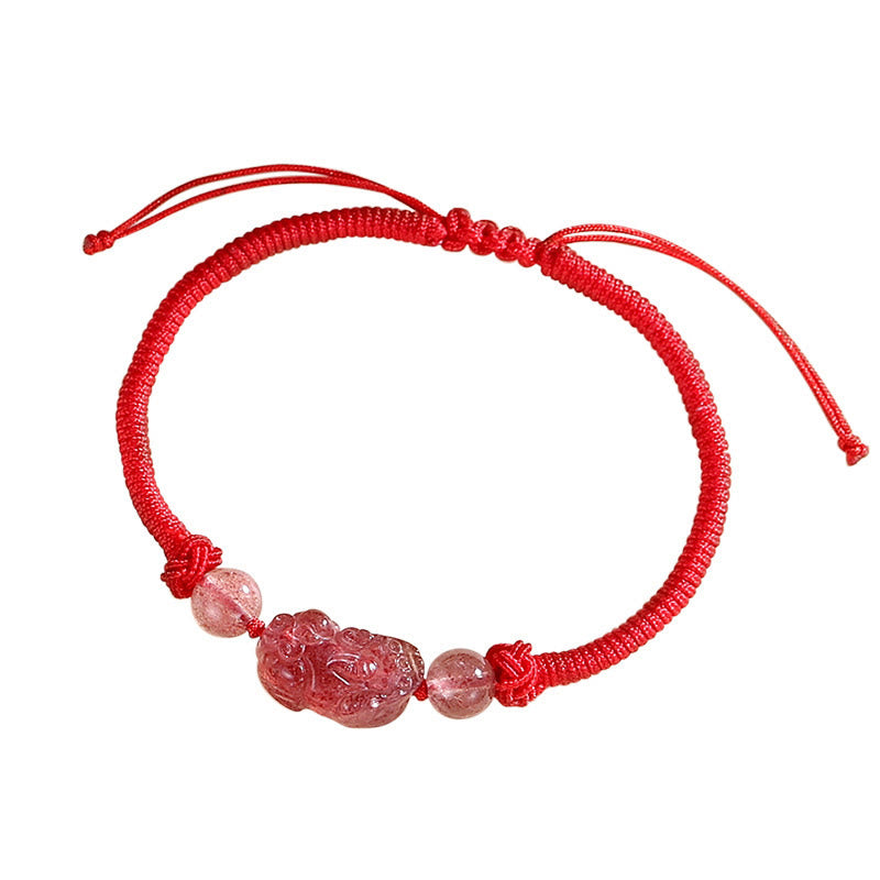 Braccialetto intrecciato di protezione PiXiu in quarzo fragola con ossidiana lucida in argento naturale fatto a mano Buddha Stones