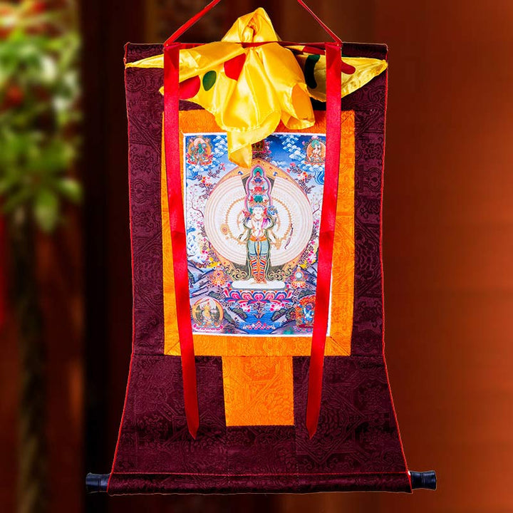 Buddha Stones Tibetano Avalokitesvara dalle mille mani con cornice Thangka Benedizione Decorazione