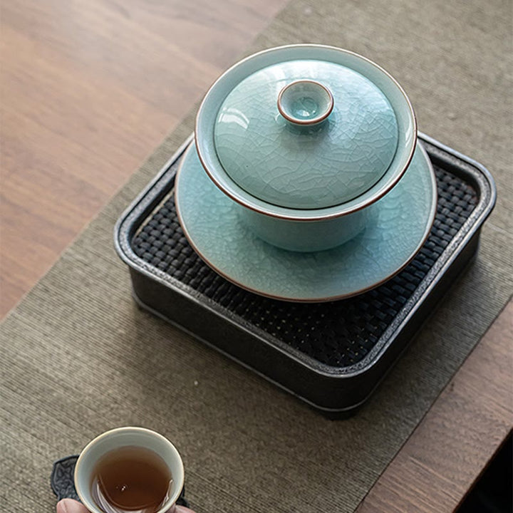Buddha Stones Retro Green Ice Glaze Ceramic Gaiwan Sancai Tazza da tè Kung Fu Tazza da tè e piattino con coperchio