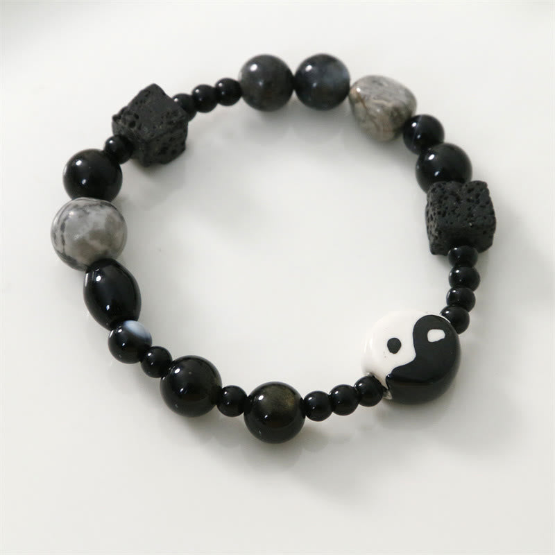 Braccialetto di protezione della fortuna Yin Yang con perline di diaspro Picasso in onice nero Buddha Stones - image 9
