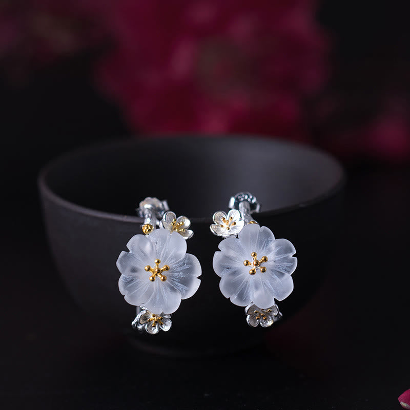 Orecchini Buddha Stones in argento sterling 925 con fiori di prugna e benedizione floreale