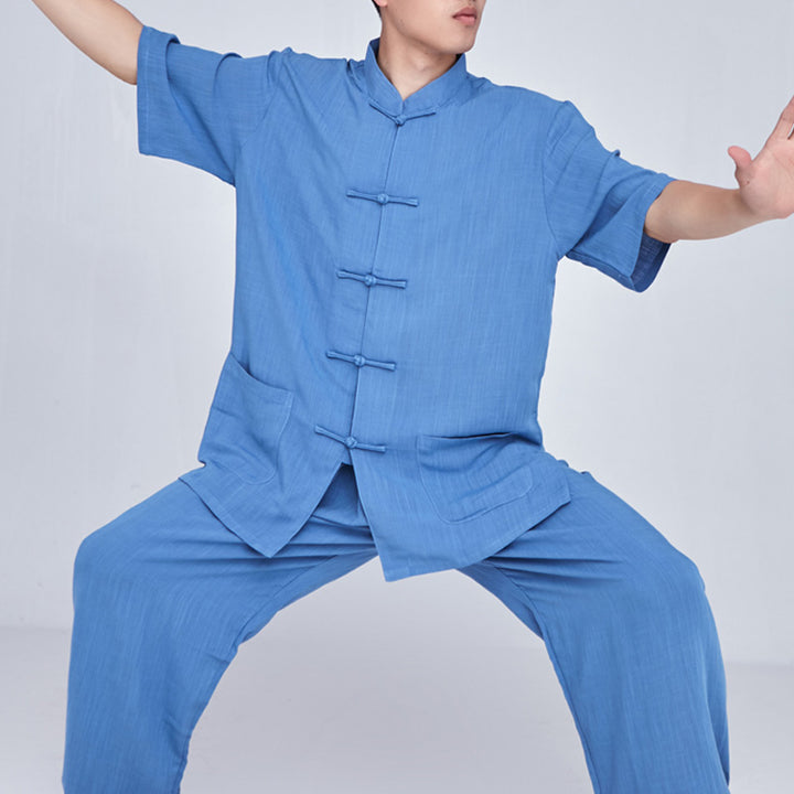 Buddha Stones Meditazione Zen Preghiera Spirituale Tai Chi Qigong Pratica Unisex Ricamo Abbigliamento Set - Manica corta blu - US14, UK/AU18, EU46 (3XL) - image 34