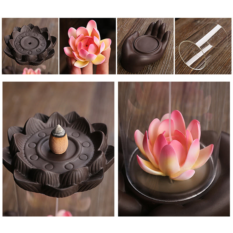 Buddha Stones Mano di Buddha Loto Illuminazione LED Luce Viola Argilla Ceramica Bruciatore di Incenso Decorazione