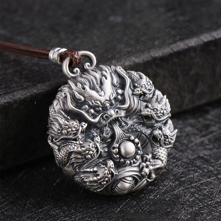 Buddha Stones 999 Sterling Silver Nove Draghi Che Giocano Con Una Perla Collana Pendente Protezione Fortuna